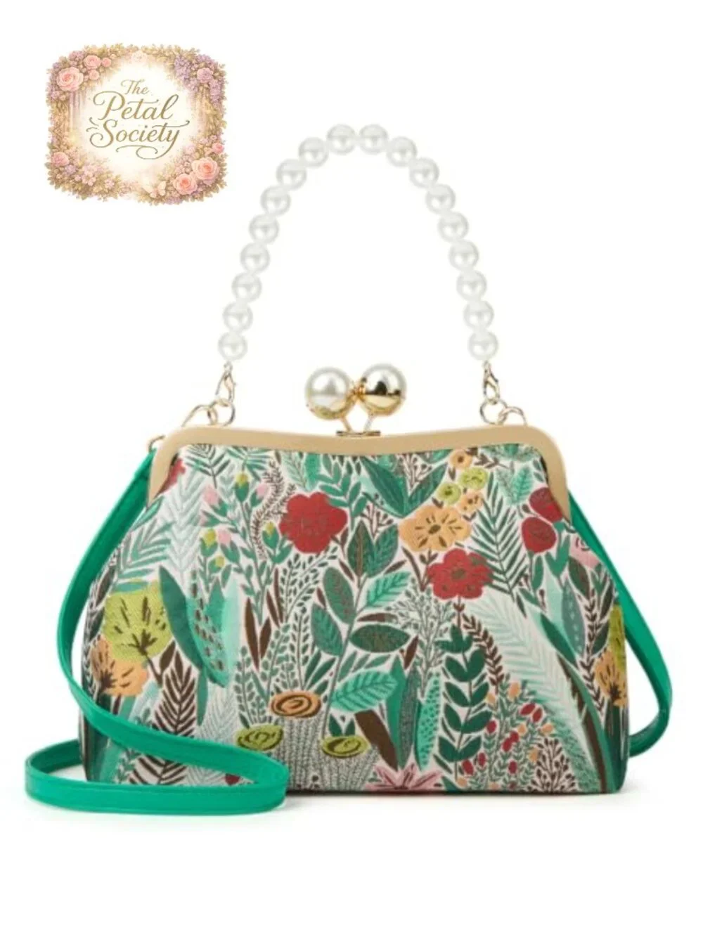 Vintage Embroidered Flower Crossbody Bag with Pearl Chain & Kiss Lock Clutch